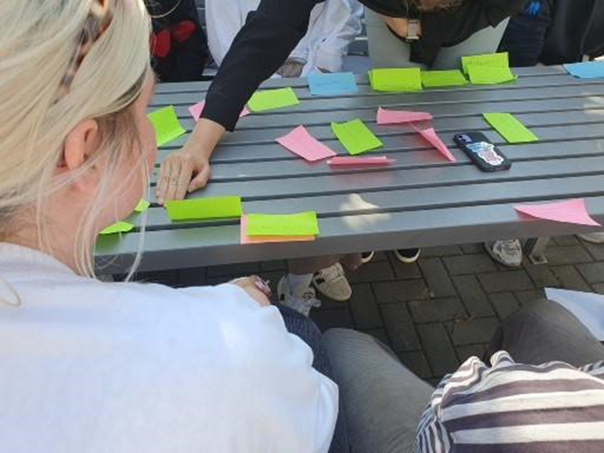 Eine Gruppe von Personen arbeitet an einem Tisch, auf dem bunte Haftnotizen in verschiedenen Farben verteilt sind.