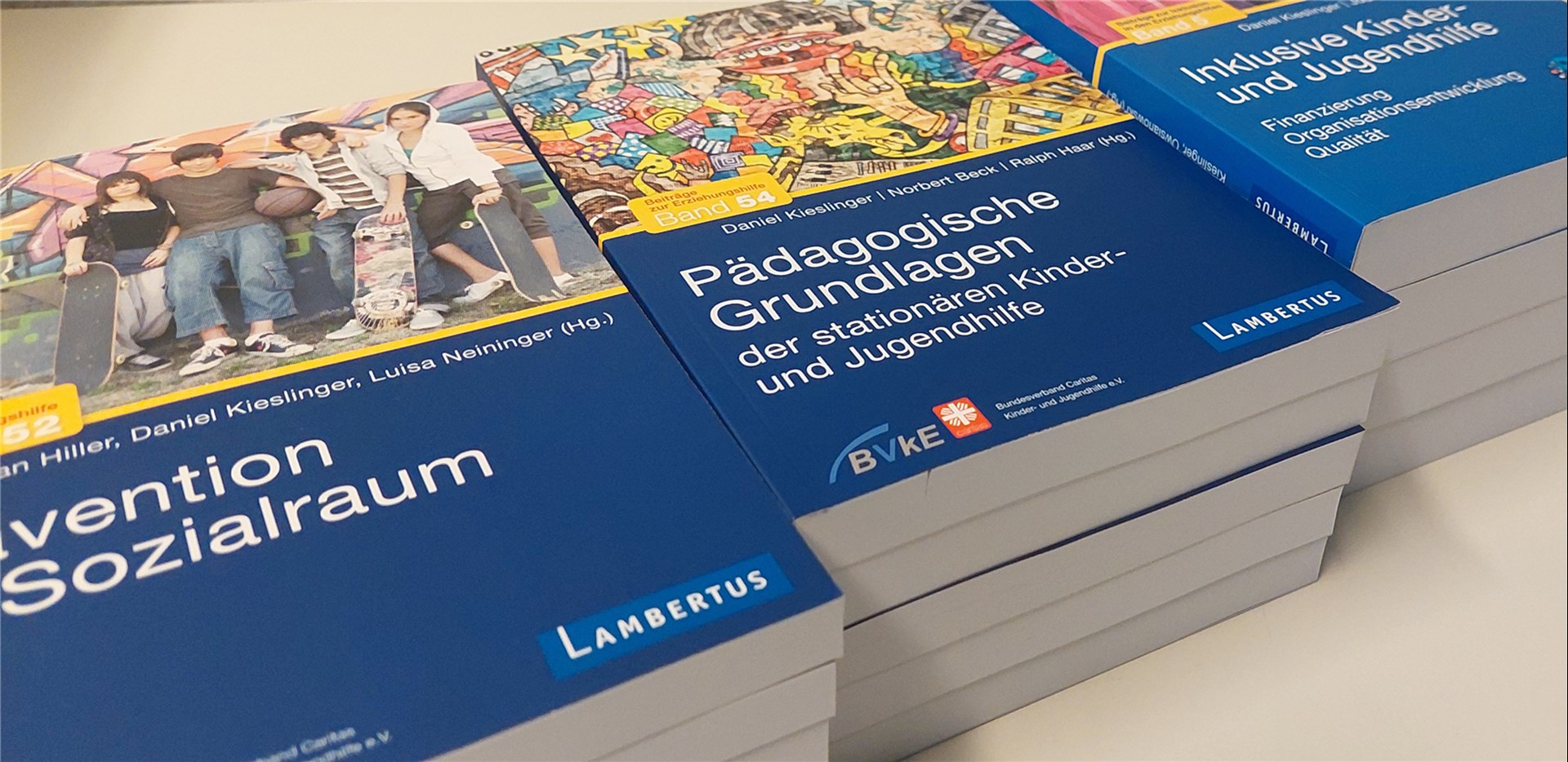 Drei Bücherstapel mit Titeln zu pädagogischen Grundlagen und Kinder- und Jugendhilfe, in blauer und bunter Gestaltung.
